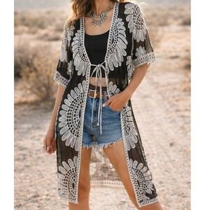 Ember Kimono Duster Size S Black White Sheer Lace Floral Boho Festival Tie Front
